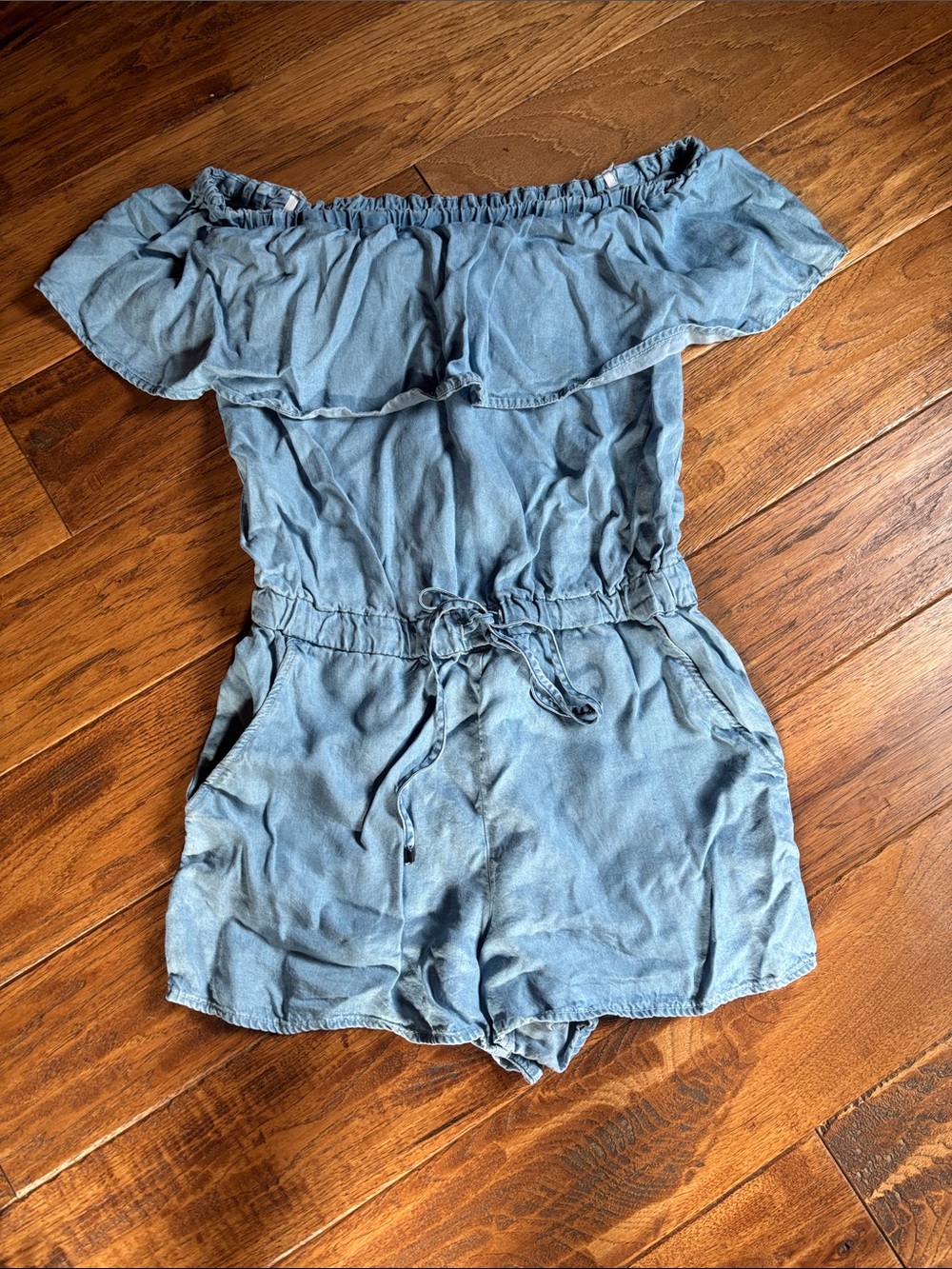 Women’s Light Blue Off-Shoulder Denim like Chambray Romper